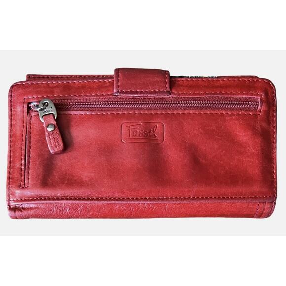 Fossil Wallet Red Leather Checkbook Snap Closure Zip Coin ID Bi-fold - Picture 2 of 12